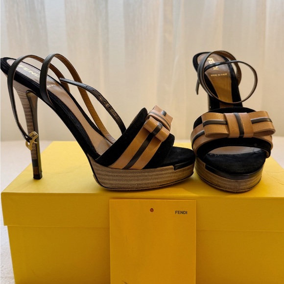 Fendi Shoes - Fendi Black and Tan Strappy Heels Zucca FF Logo Leather Sandals